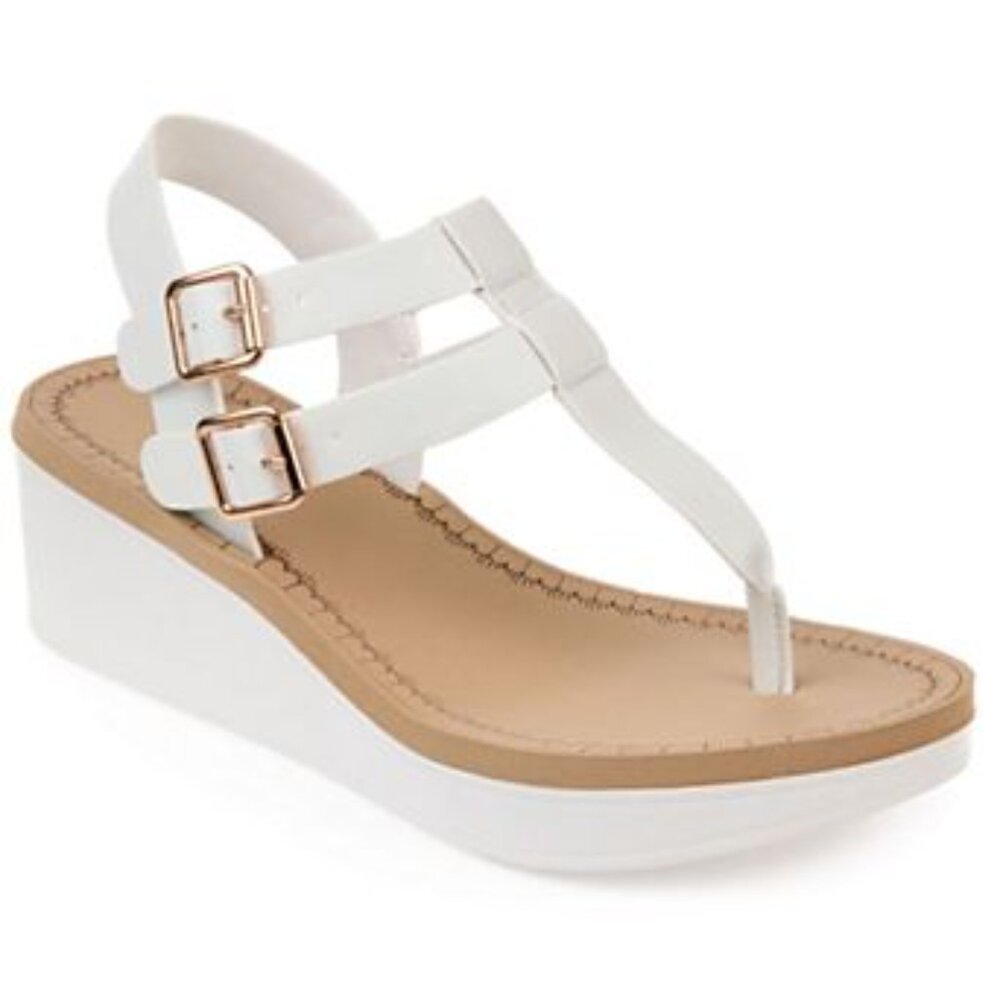 Journee Collection Bianca Double Buckle White Platform Wedge Sandals sz 5.5 NWT